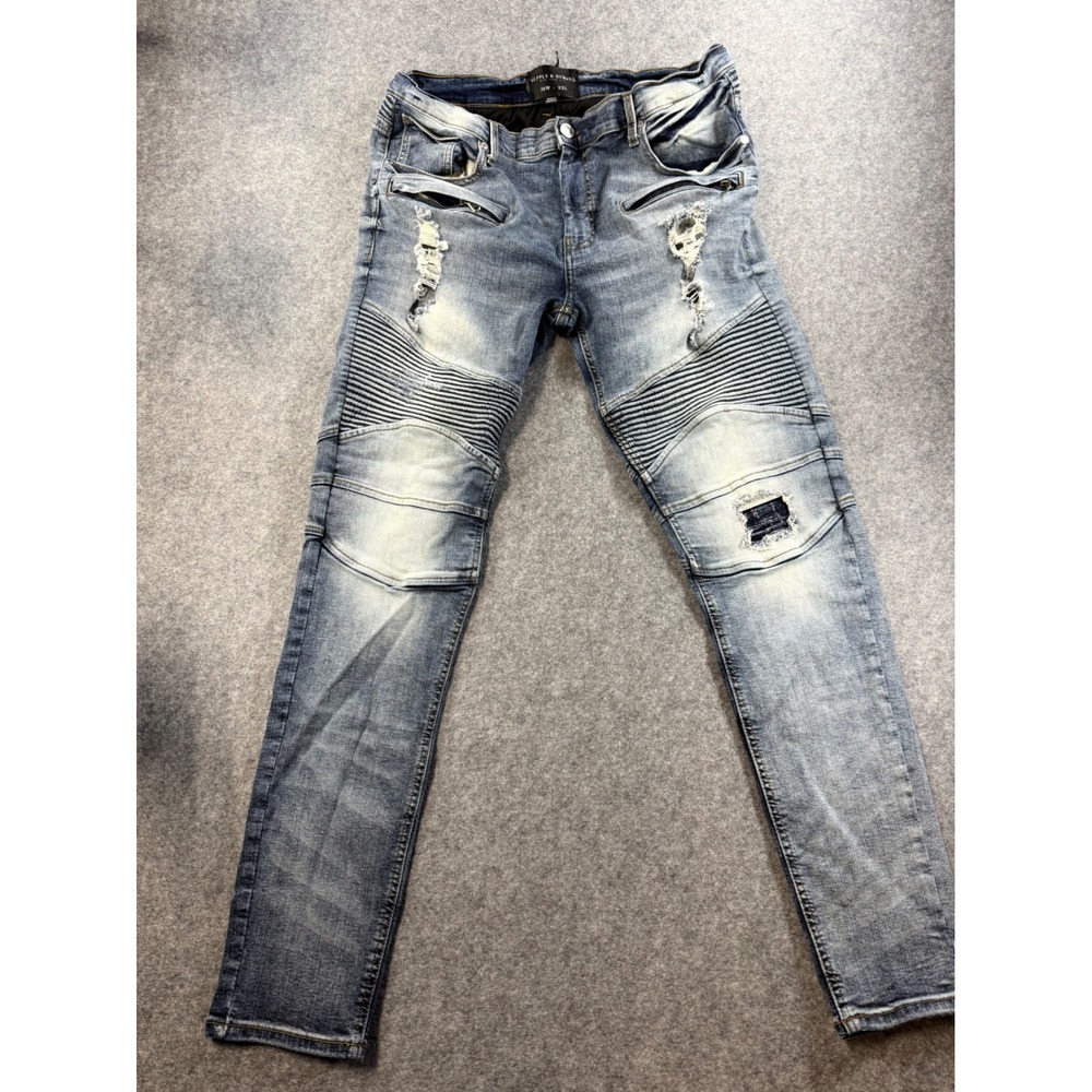 Supply & Demand NYC Mens 38W XXL Blue Distressed Moto Biker Slim Jeans
